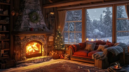 A cozy winter retreat with a warm fireplace.