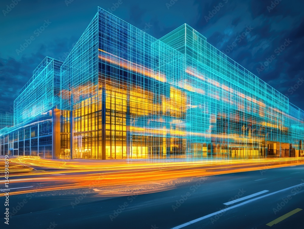 Poster illuminated modern building at night with digital data streams and traffic lights