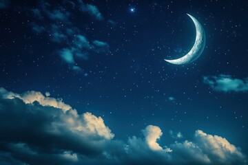 Serene Night Sky with Crescent Moon and Twinkling Stars Over Soft Clouds