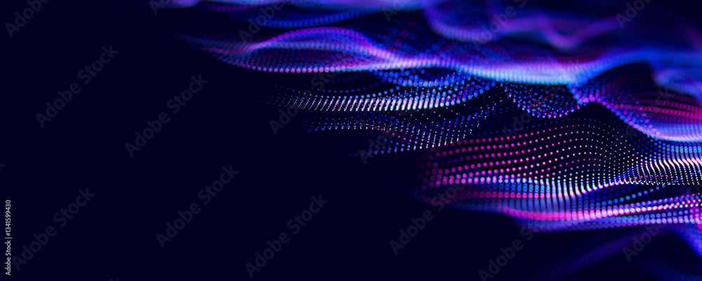 Poster Abstract wave of particles. Big data digital flow concept. LLM learning process, AI technology. Quantum computing. 3d render illustration with place for text