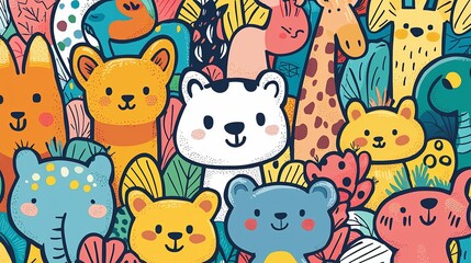 Naklejka premium Cute Animal Illustrations, Jungle Setting