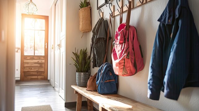 A functional entryway with hooks for coats and backpacks
