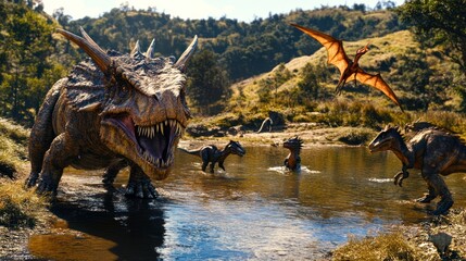 Fototapeta premium Dinosaurs by a creek, sunny day