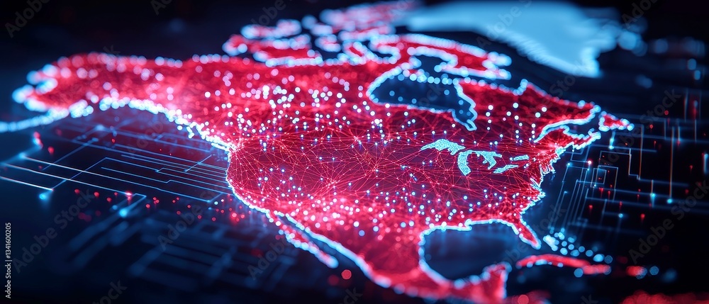 Poster futuristic canada map with glowing data nodes and vibrant network lines on dark technological backdr