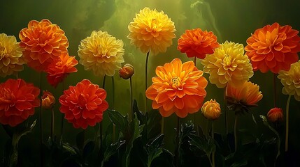 Dahlia Blooms; Garden; Soft Light; Nature