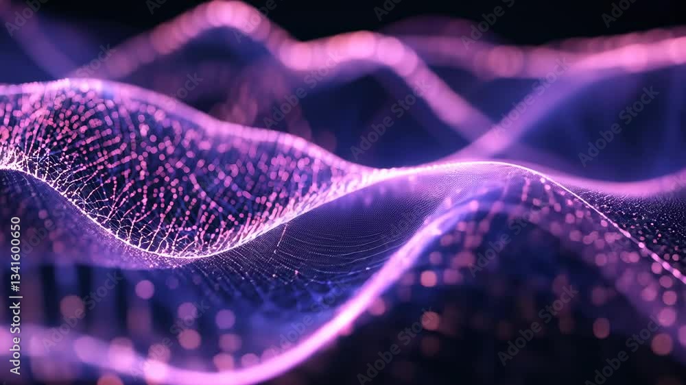 Poster abstract digital waveform with glowing purple points over black background illustrating data connect