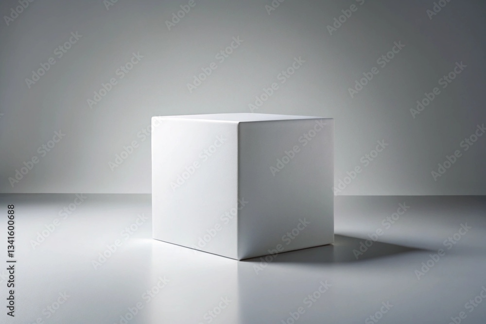 Poster a single white cube sits on a minimalist white surface against a light gray background a study in si