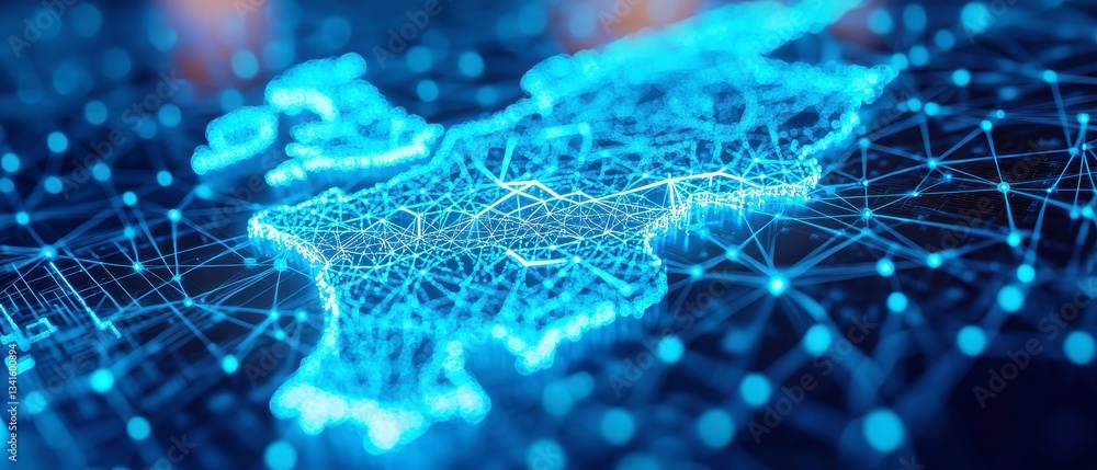Poster futuristic map of france, interconnected luminous blue data nodes and lines, deep-blue technological