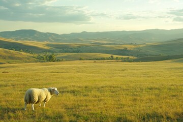 Fototapeta premium Sheep Grazing in an Expansive Green Meadow Under a Beautiful Sky with Rolling Hills in Background