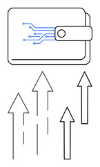 Wallet with circuit pattern represents digital finance, arrows depict progress. Ideal for fintech, cryptocurrency, innovation, technology, investment, online banking growth. Flat simple metaphor