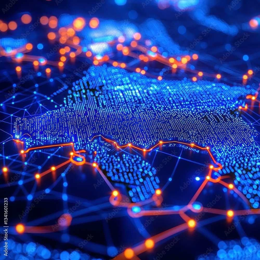 Poster futuristic visualization of netherlands map, interconnected glowing blue digital nodes and network l