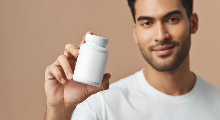 Man holding a white supplement bottle with a blank label for branding