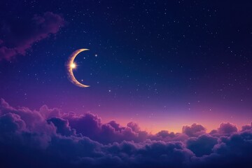 Serene Night Sky with Crescent Moon and Twinkling Stars Above Colorful Clouds