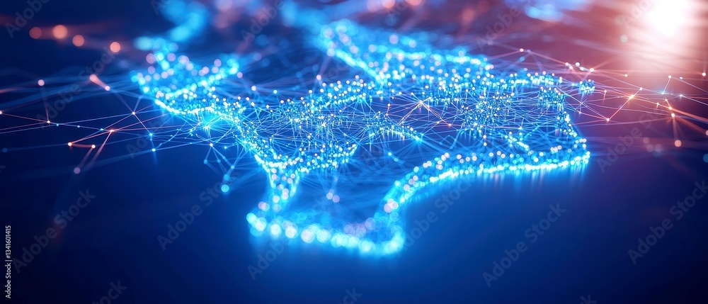 Poster futuristic netherlands map visualization, interconnected glowing blue digital nodes and network line