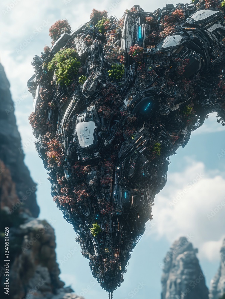 Poster intricate floating structure with pixelated design and green vegetation against mountainous landscap