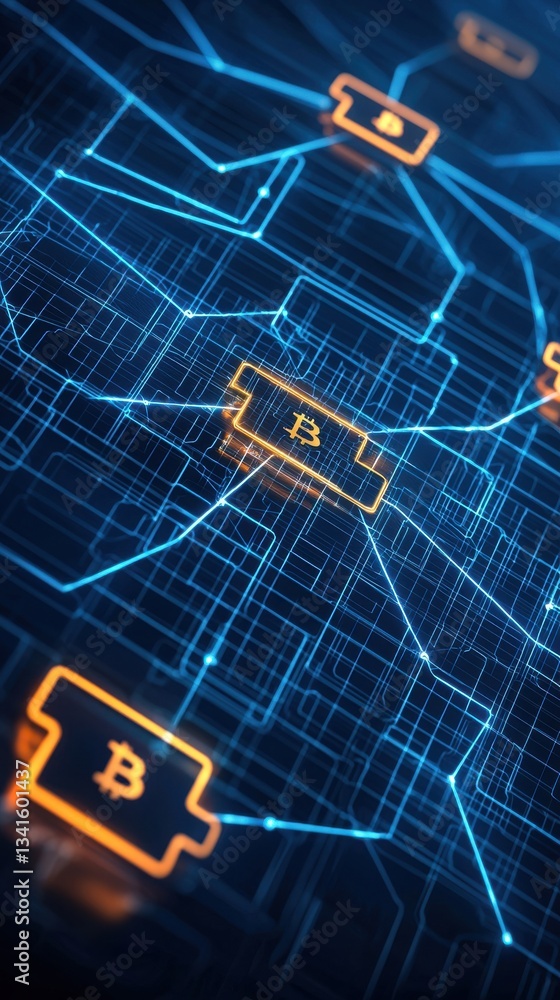 Poster abstract digital network with bitcoin symbols and circuit patterns