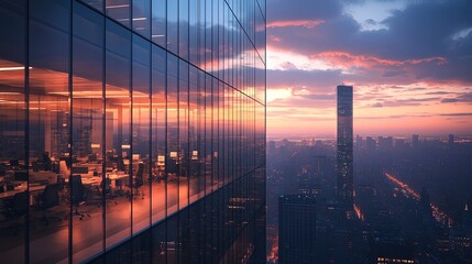 A corporate office building with glass windows, reflecting the city skyline, and a professional team meeting inside 