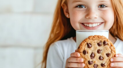 Sweet Treat Delight: A cheerful girl with red hair and a bright smile holds a delicious chocolate chip cookie and a glass of milk, a perfect pairing capturing the essence of childhood joy.
