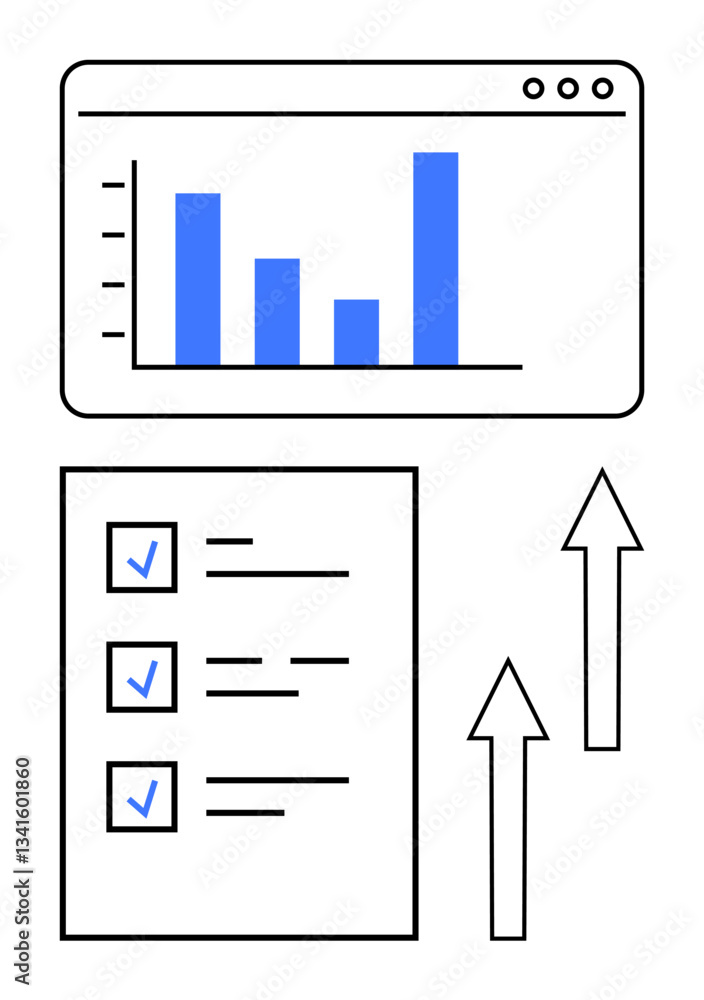 Poster bar graph on screen, checklist with checkmarks, upward arrows symbolizing growth and success. ideal 