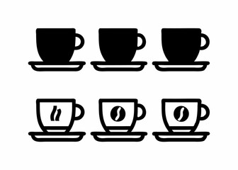 A seamless repeating pattern of black silhouette coffee cups and saucers with steam rising.