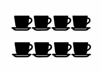 A seamless repeating pattern of black silhouette coffee cups and saucers with steam rising.