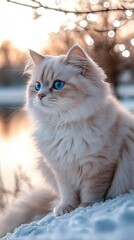 Beautiful fluffy cat with striking blue eyes sitting on snow during golden hour beside a shimmering lake