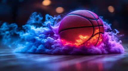 Mystical Basketball Surrounded by Ethereal Glowing Smoke in a Dark Environment