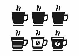 A seamless repeating pattern of black silhouette coffee cups and saucers with steam rising.