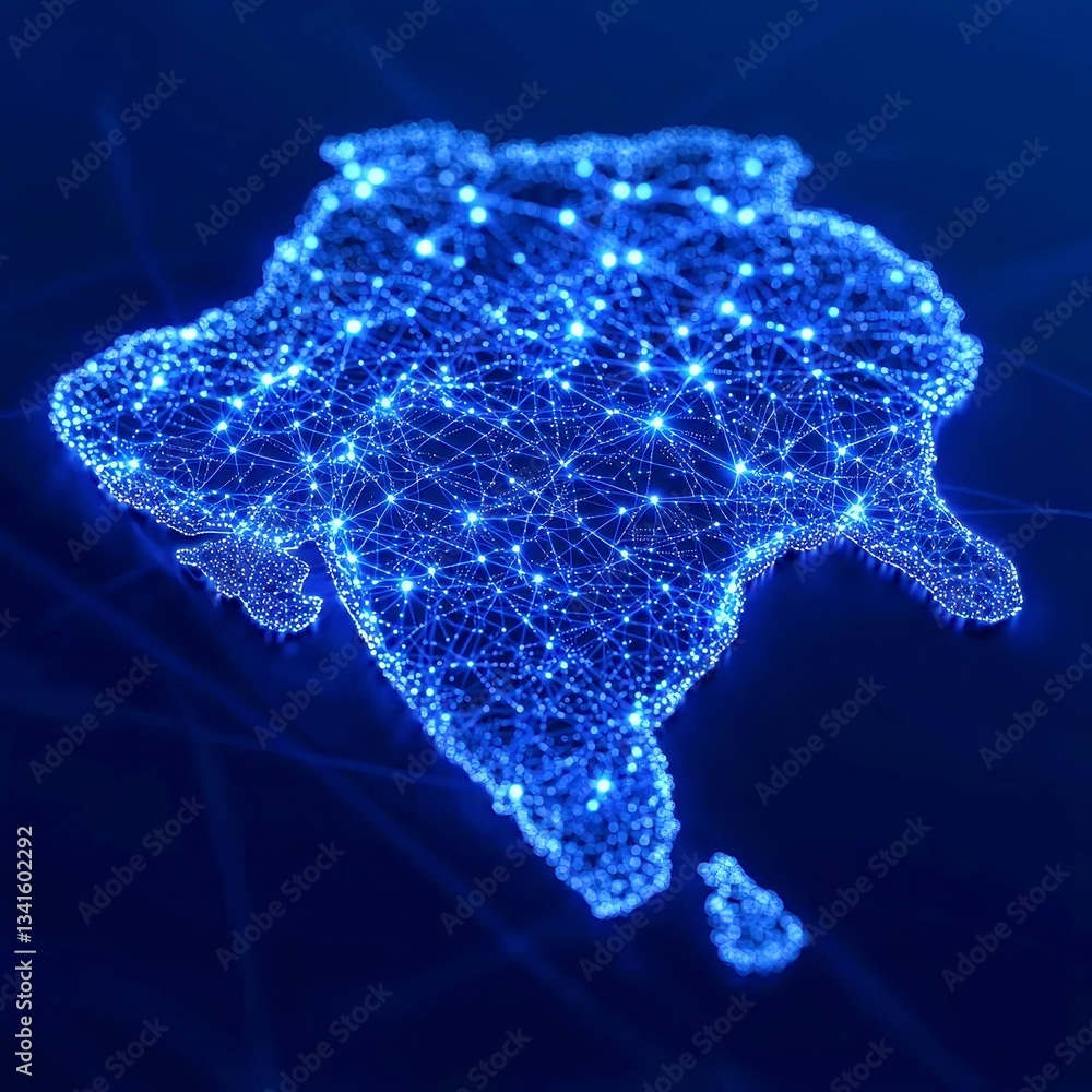 Poster digital artwork of india's map outlined by glowing blue data nodes and network lines on a dark navy 