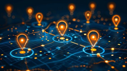 Futuristic digital map featuring illuminated location pins and advanced network connections