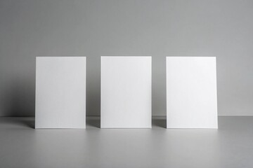 Obraz premium Three Blank White Cards Standing on Gray Surface Minimalist Mockup for Design Presentation