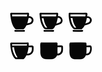 A seamless repeating pattern of black silhouette coffee cups and saucers with steam rising.
