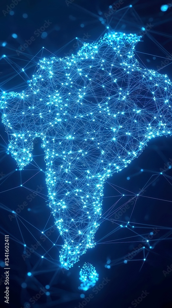 Poster luminous digital map of india, intricate design featuring interconnected blue data nodes and network
