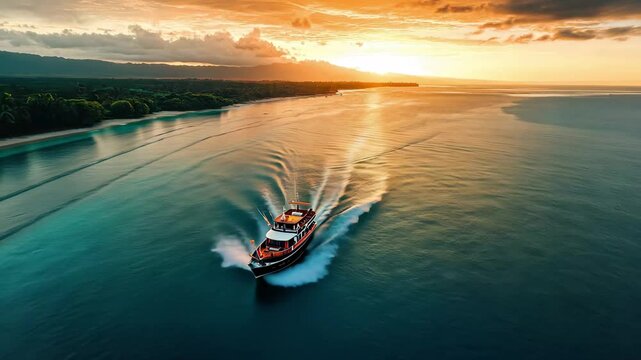 Sunset cruise on beautiful Tonga boat near Hawaiian island captured from above, Beautiful tonga boat near Hawaiian island drone shot