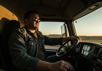 Man driving semi-truck at sunset. Trucker lifestyle and modern transportation. Commercial shipping, delivery services. Road trip adventure for website banner, advertising.