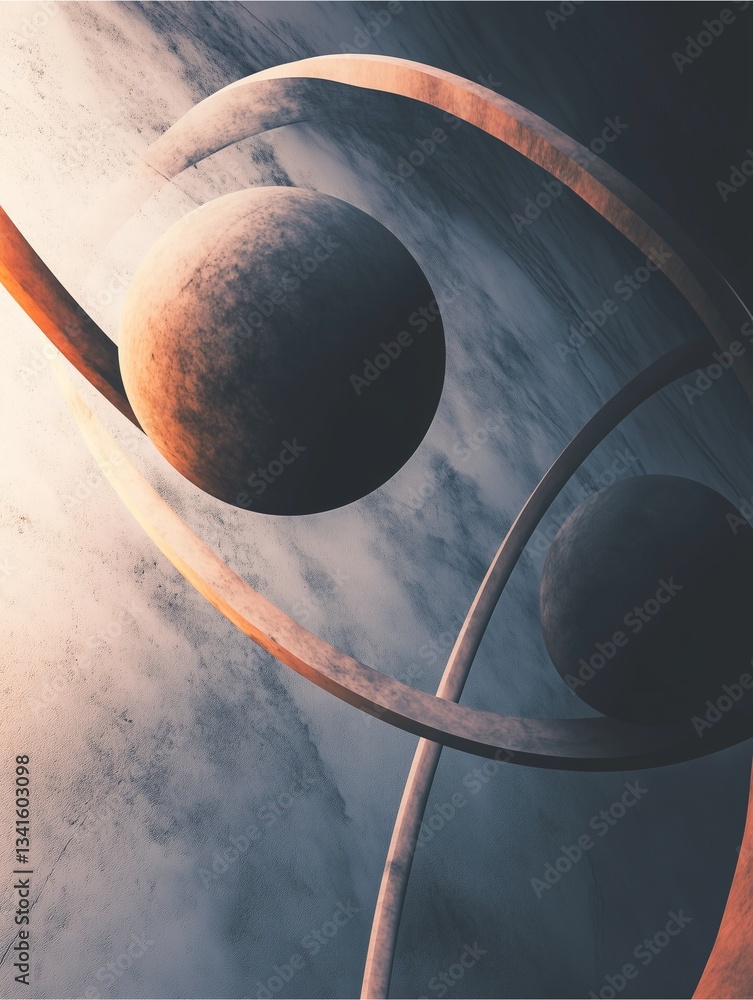 Poster cosmic rings and celestial spheres: an abstract, artistic rendering of planetary spheres encircled b