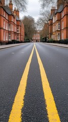 Fototapeta premium A tranquil early morning scene unfolds on a deserted street adorned with yellow lines, framed by charming Victorian buildings in a peaceful neighborhood