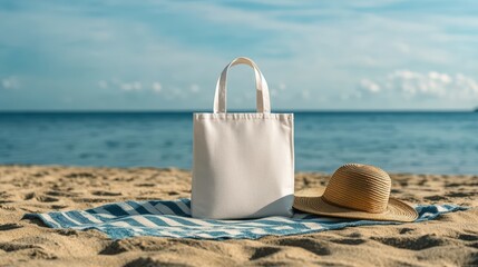A serene beach scene with a blank white tote bag, a straw hat, and a blue and white striped towel on soft sandy beach with ocean backdrop and sky.