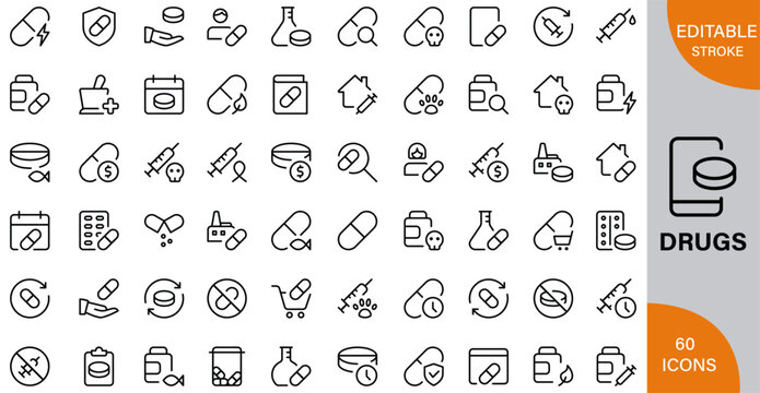 Drugs, Medical, Clinics icon pack | Detailed Outline | Editable Stoke 60 icon | Victor illustrator.