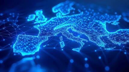 Futuristic Visualization of Italy's Geography, glowing blue digital nodes, intricate network lines, dark professional backdrop, showcasing detailed geographic connections and data flow