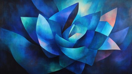 Abstract Blue Flower Painting with Geometric Shapes