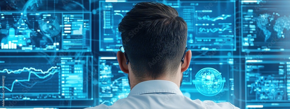 Aufkleber man analyzing data on digital screens in modern office environment