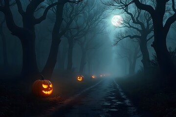Spooky Halloween night in a dark forest with glowing jack-o'-lanterns.