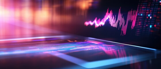 An abstract visualization featuring vibrant colors and dynamic patterns, resembling data analytics or digital sound waves on a sleek interface.