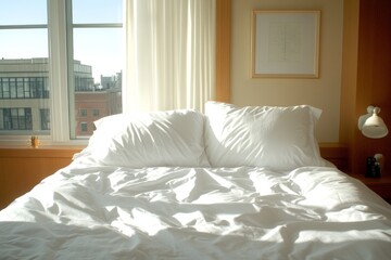 Habitación de hotel con cama cómoda y almohada cuidadosamente colocada, ideal para descansar y disfrutar de la vista