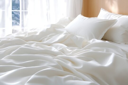 Cama de hotel con almohada sobre s&aacute;banas blancas y suaves en un entorno luminoso