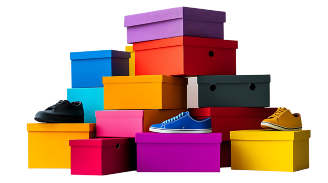 Colorful stack of shoe boxes with shoes displayed on top