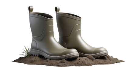 Minimalist design of garden boots with mud, perfect for outdoor activities