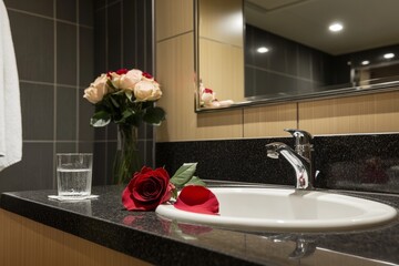 Elegante lavabo de hotel adornado con un ramo fresco de rosas y un vaso de agua