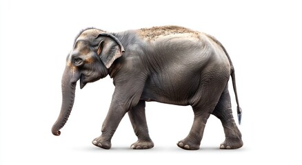 Obraz premium Adult elephant walking gracefully against a clean white background, showcasing its majestic size and texture